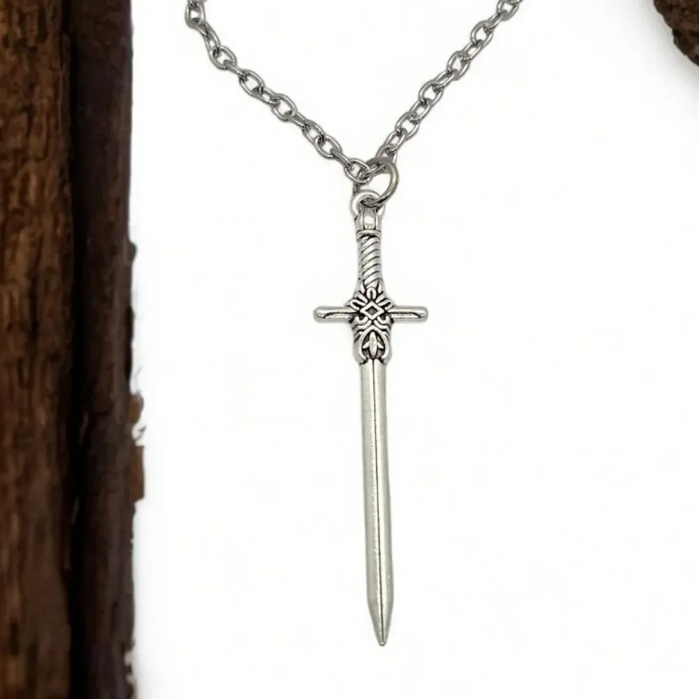 Gothic Sword Cross Pendant Necklace Medieval Dagger Silver Chain 18